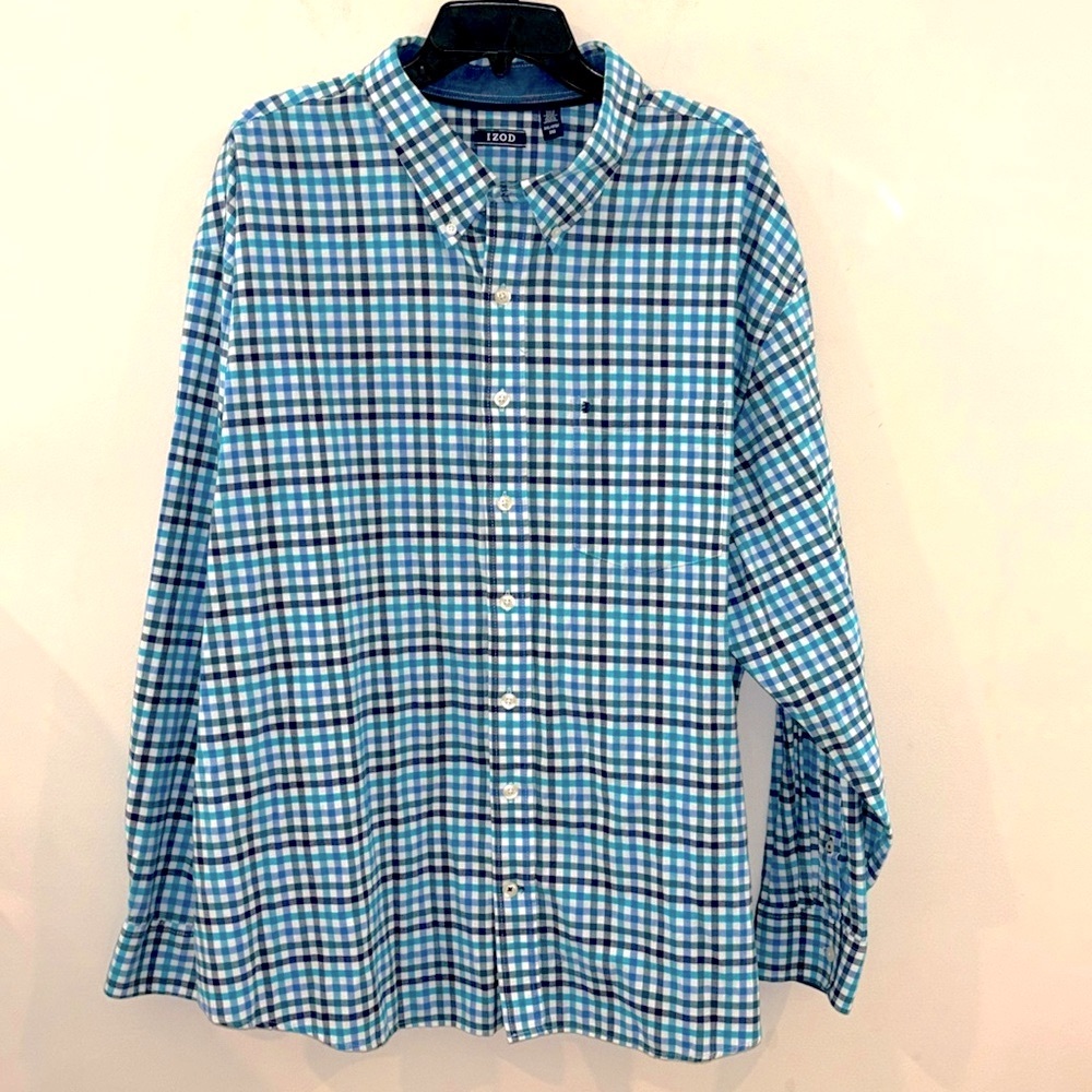 🌊IZOD Gingham Blue Cotton Blend Gingham Button Down Shirt Size 3XL